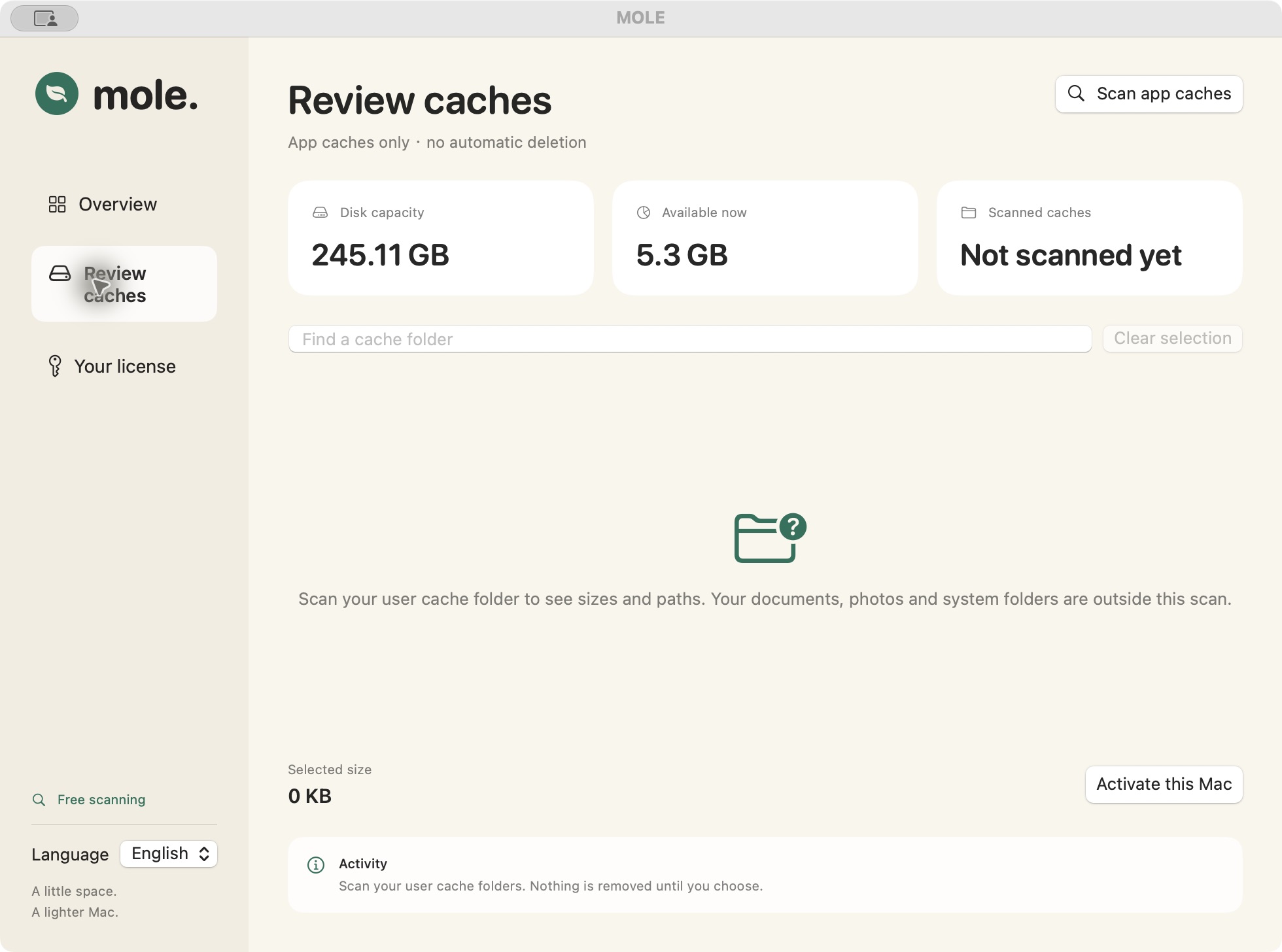 MOLE cache review screen with folder search, file locations and selection controls.