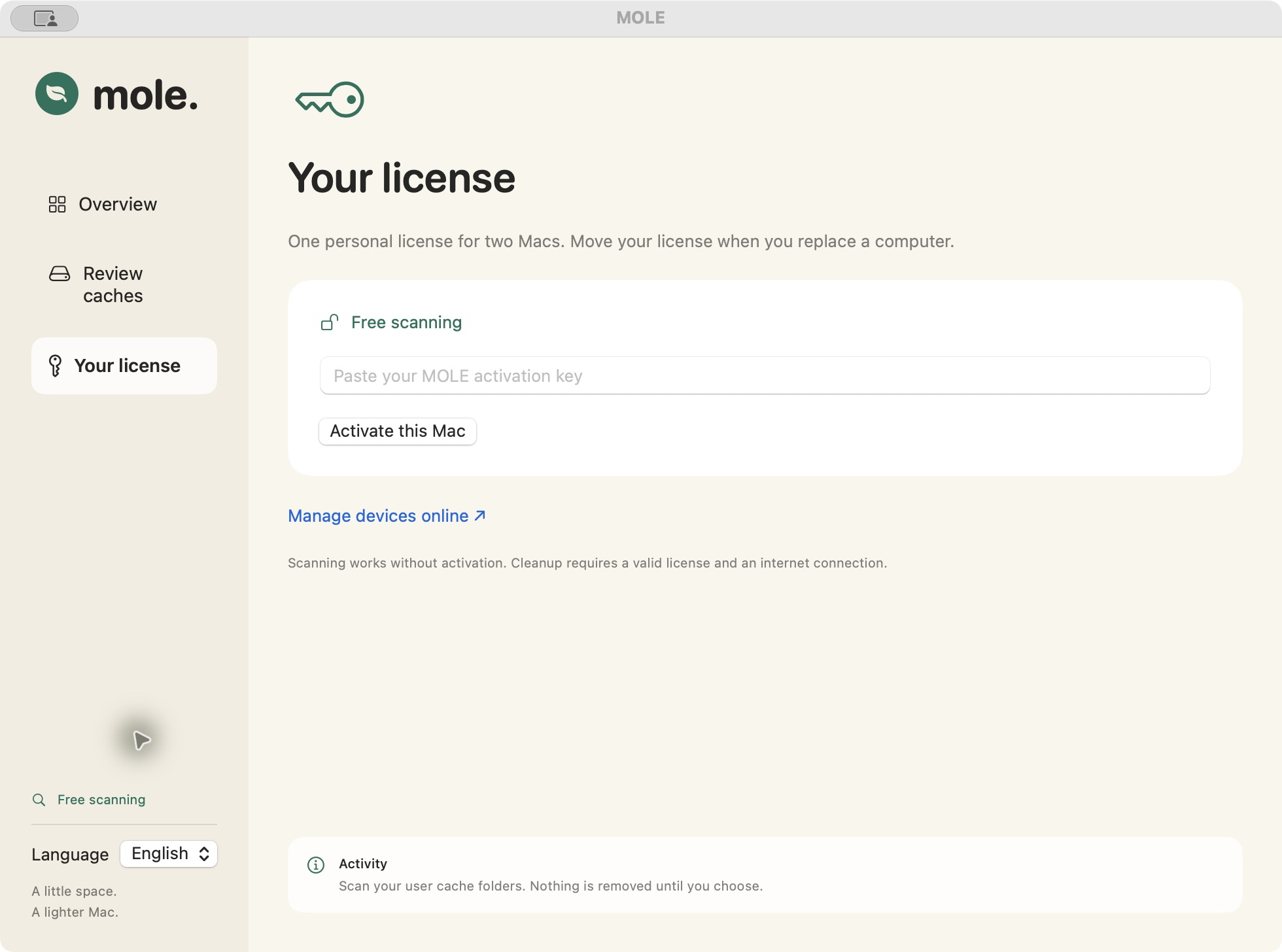 MOLE license screen with activation key entry and device management.